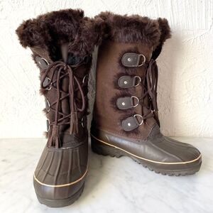 Khombu Nordic Women's 7 Brown Suede Leather Faux Fur Lined Lace Up Boots